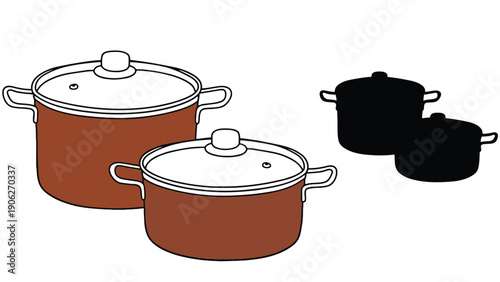 Pot illustration with lids and silhouettes on white background