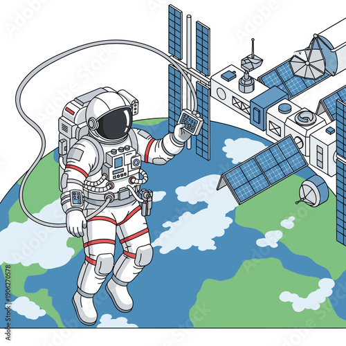 Astronaut floating in space near satellite and Earth.
