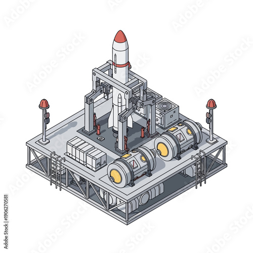 Isometric illustration of a rocket launchpad with fuel tanks and infrastructure.