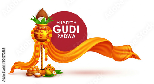 Traditional Gudi Padwa vector illustration showing festive gudi kalash coconut mango leaves sweets and flowing cloth design celebrating hindu new year