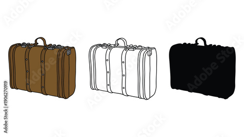 Three different styles of vintage suitcases are displayed side by side.
