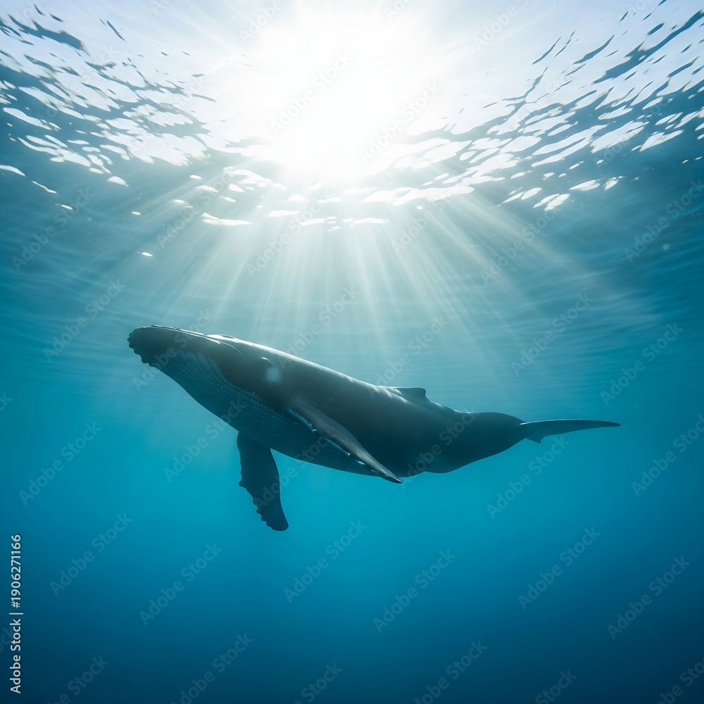 Obraz premium Conceptual conservation image: A whale's silhouette swimming through incredibly pristine, crystal-clear water with light rays, symbolizing a plastic-free ocean....