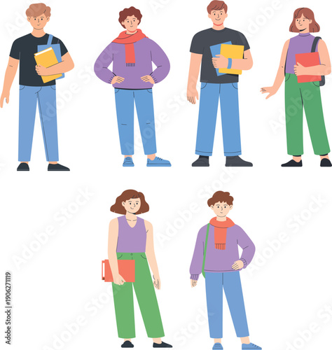 Group of diverse young students and teenagers standing together holding books and folders for school and education