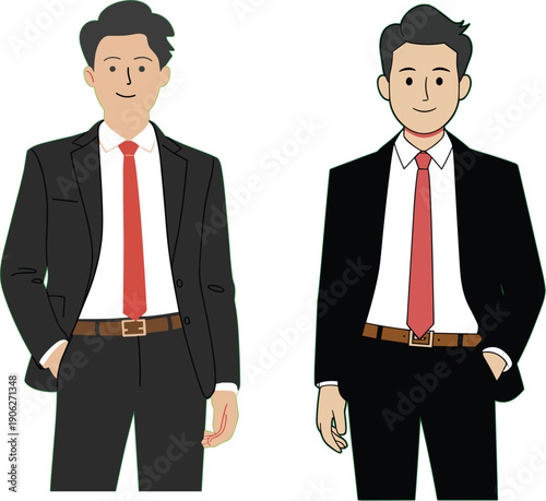 Professional successful businessmen in formal suits standing with confident poses for corporate leadership office team and management concept flat vector illustration isolated on white background