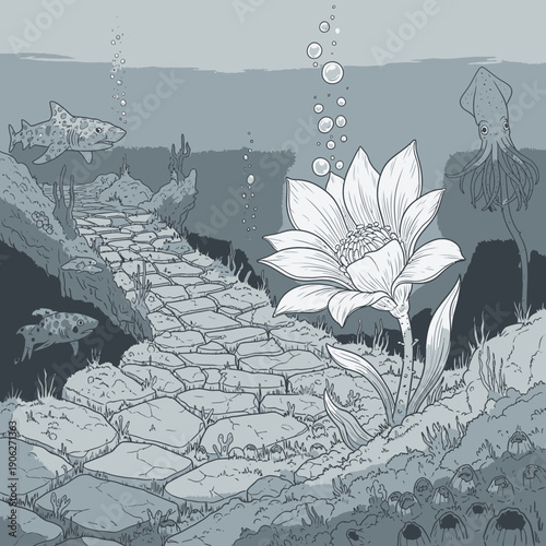 Large white flower on stone path.