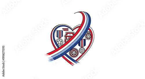 Patriotic heart with military medals and red white blue ribbon honoring veterans and service