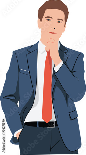 Professional young businessman character wearing elegant blue suit and red tie posing thoughtfully for corporate career success leadership marketing and executive office business management portrait