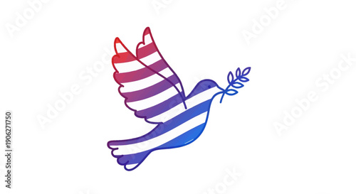 Stylized peace dove with bisexual pride flag colors flying with an olive branch a symbol of hope
