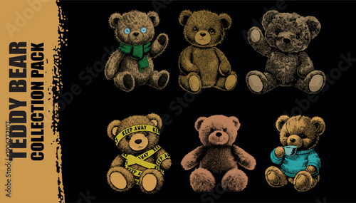 Vector illustrationof six teddy bears with different styles on a black background. cute bear collection pack
