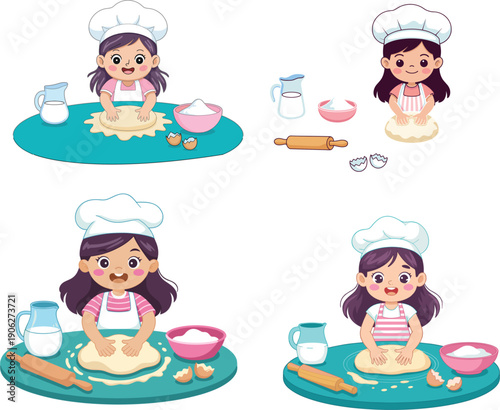 Set of cute little girl chef vector illustrations kneading dough, cartoon child characters baking in the kitchen with flour, eggs, and milk isolated on white background