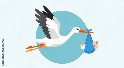 A stork flies right with a baby in a blue cloth bundle