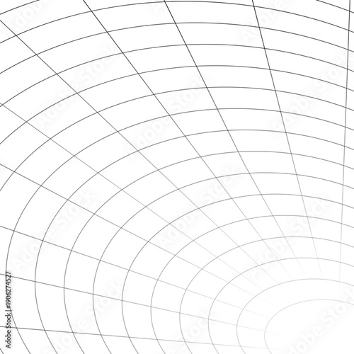 Tunnel with rounded corners receding into distance. Moving energetic grid structure of fine lines. Simple black and white dynamic vector background