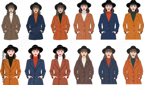 Set of fashionable women characters wearing different autumn coats and hats vector illustration isolated on white background for lifestyle