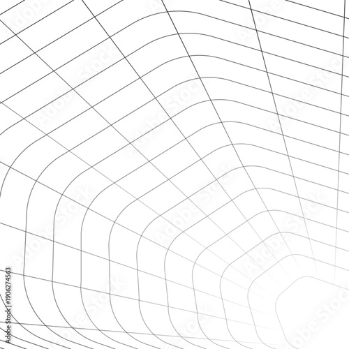 Tunnel with rounded corners receding into distance. Moving energetic grid structure of fine lines. Simple black and white dynamic vector background