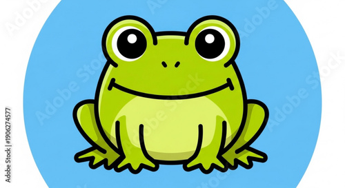 Smiling green frog cartoon character sitting on blue background looking happy and friendly
