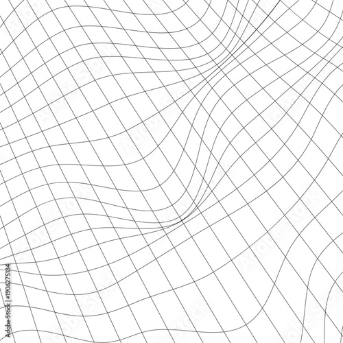 Wave wracked surface. Moving energetic grid structure of fine lines. Simple black and white dynamic vector background