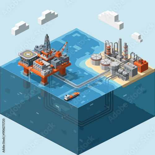 Offshore Oil Rig Platform 3D Illustration.