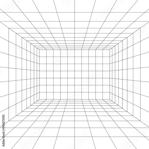 Long white room digital installation mockup. Moving energetic grid structure of fine lines. Simple black and white dynamic vector background
