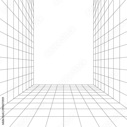 Grid structure of empty room with white far wall. Moving energetic grid structure of fine lines. Simple black and white dynamic vector background