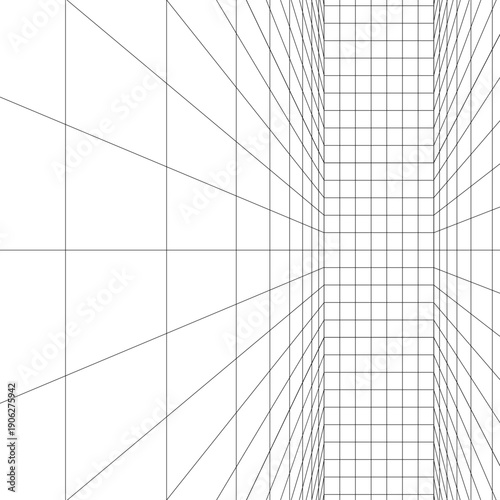 Vertical tunnel with a dead end at end. Moving energetic grid structure of fine lines. Simple black and white dynamic vector background