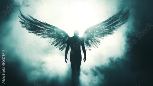 Silhouetted angel with dark wings AI animation
