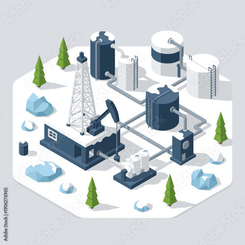 Isometric Oil Refinery and Drilling Equipment.