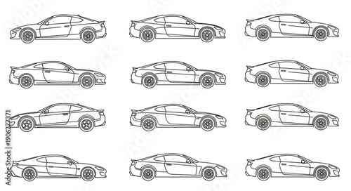 Collection of Hand Drawn Sports Car Illustrations in Black and White.