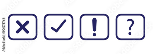 Right, wrong, tick, cross, checkmark, exclamation, question mark icons set in colorful outline and solid vector illustration.