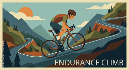 Cyclist Climbing Hill

Flat vector illustration of a cyclist climbing a steep hill. Strong body posture leaning forward, mountain road background. Flat vector style, endurance sports theme.