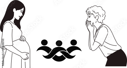 Happy pregnant woman holding belly and surprised man looking excited near abstract family logo in black and white line art vector illustration concept.