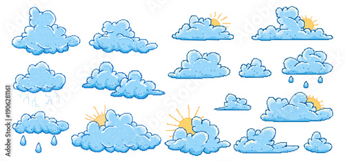 Pixel style cloud weather icon set.