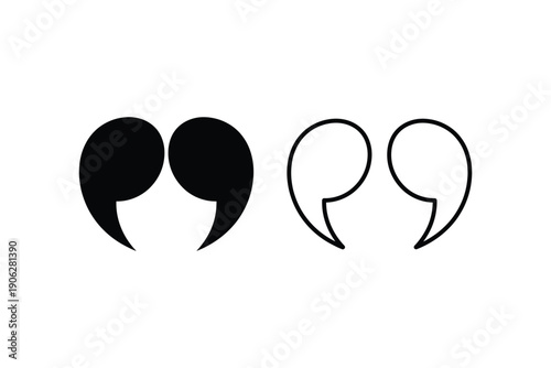 Set of black and white quote marks, solid and outlined, representing speech, text, and emphasis