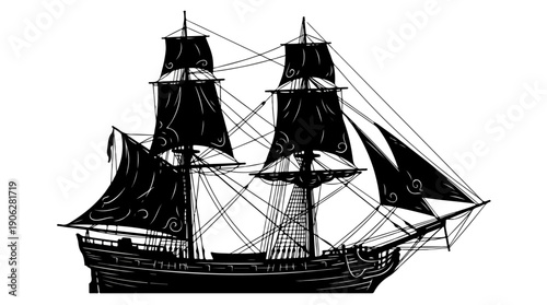 Black silhouette of a tall sailing ship on the ocean.