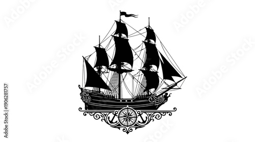Detailed black and white illustration of a sailing ship on the sea.