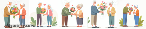 vector of a old couple standing giving flowers on Valentine's Day