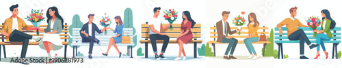 vector of  couple sitting on park bench giving flowers on Valentine's Day