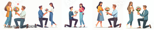 vector of a couple propose gesture giving flowers on Valentine's Day