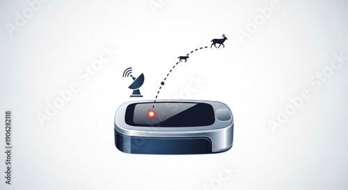 Gps tracking device with satellite signal and dog icons flying upwards on white background