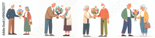 vector of a old couple standing giving flowers on Valentine's Day