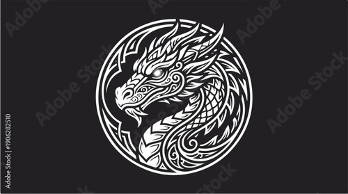 Intricate Dragon Head Illustration in Circular Frame on Black Background.