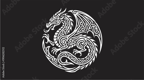 Intricate Dragon Illustration - A Detailed Black and White Design.