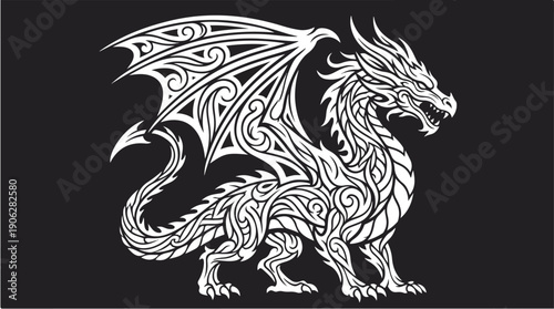 Intricate White Dragon Illustration on a Dark Background.