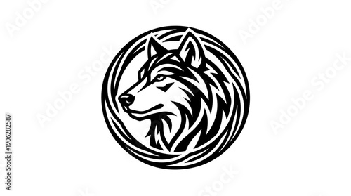 Intricate wolf head illustration within a circular frame design.
