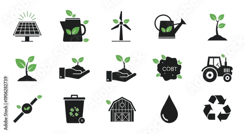 Environmental Conservation and Smart Farm Technology Icons with Green Leaves