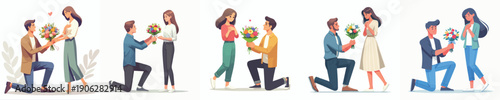 vector of a couple propose gesture giving flowers on Valentine's Day
