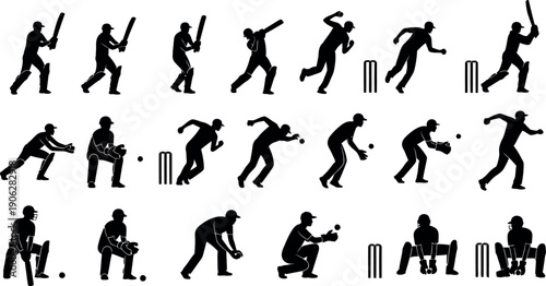 Cricket player sport silhouette collection various actions and poses