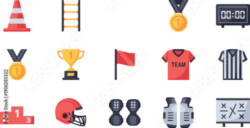 Sports training and competition icon set featuring trophies, medals, team uniforms, safety gear, coaching tools, and athletic equipment in flat vector style