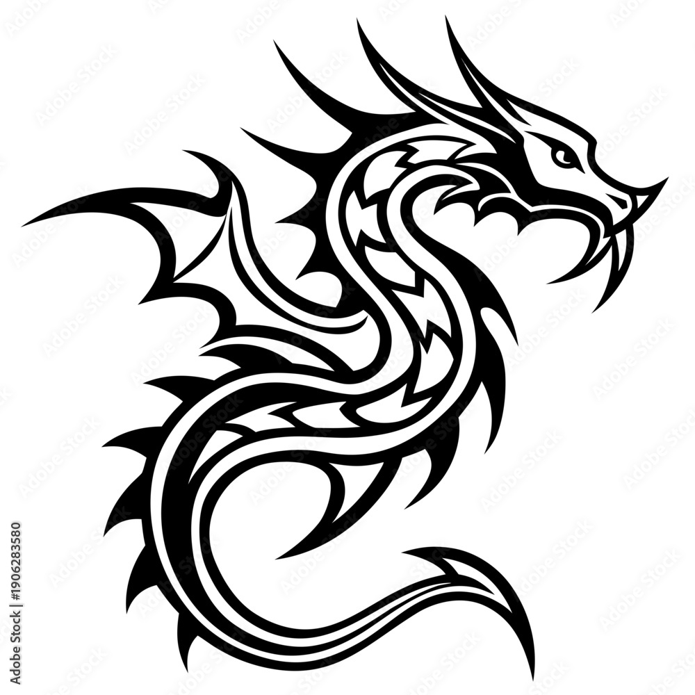 Obraz premium Tribal Dragon Tattoo Line Art Icon with Flowing Curves and Bold Strokes