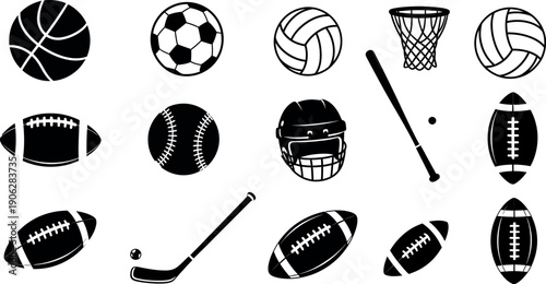 Sport silhouette icons set various sports equipment and balls in black and white