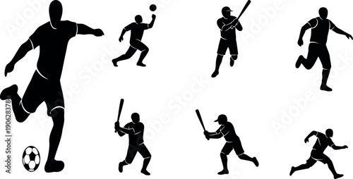 Sport silhouette collection dynamic athlete poses in action soccer baseball and running